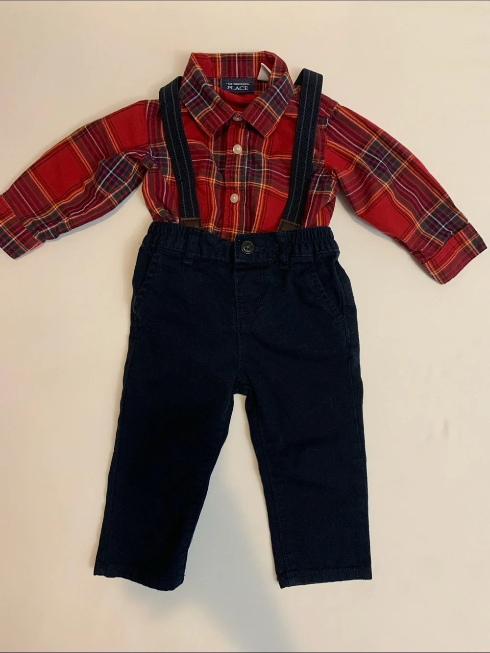 The Children's Place Red Plaid Button-Up with Navy Suspender Pants - Picture 3 of 8
